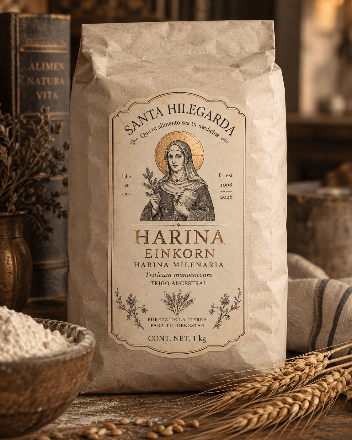 Empaque kraft original de Harina Einkorn Santa Hilegarda, presentación de un kilogramo